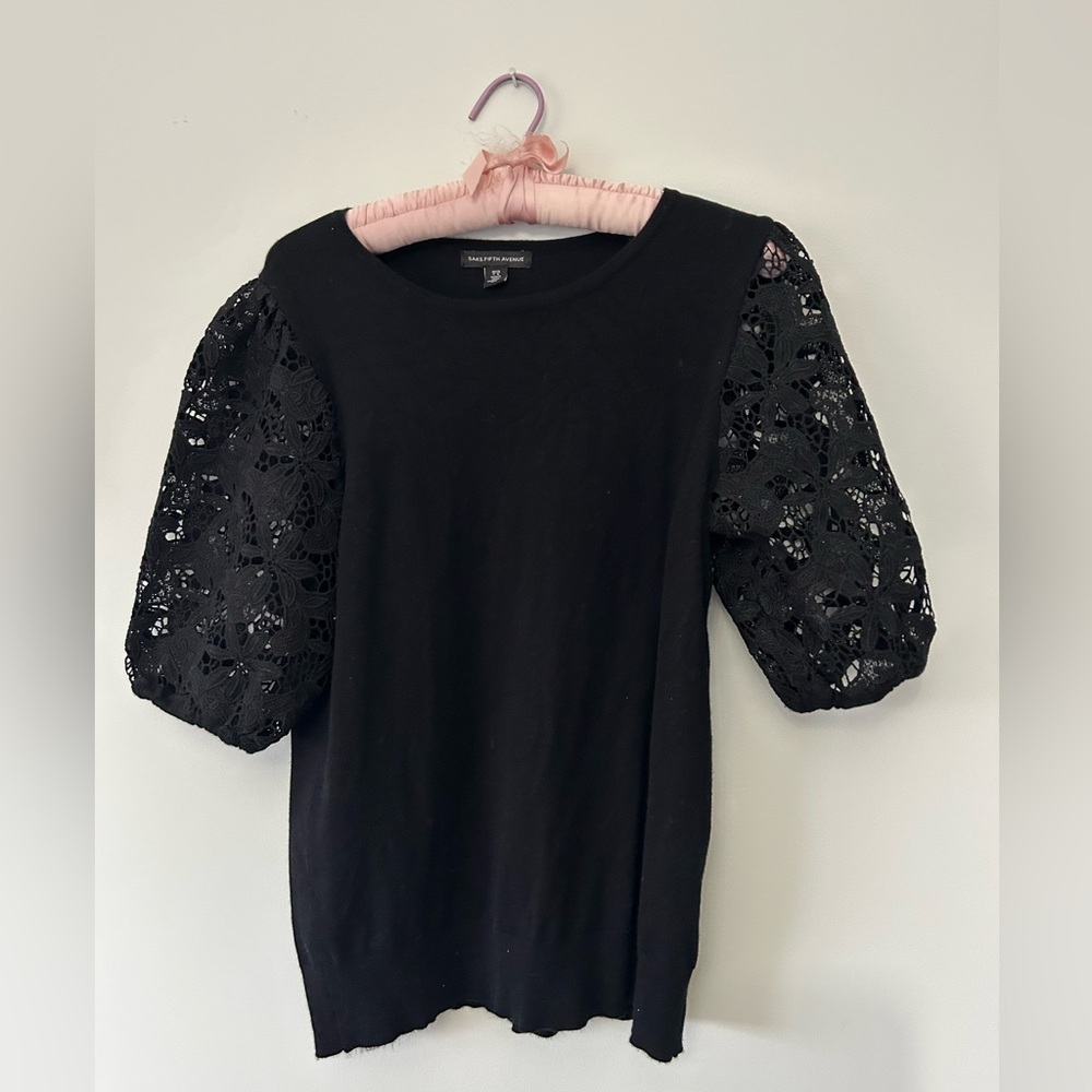 Saks Fifth Avenue Black Top with Puff Sleeves and Embellished Details Large